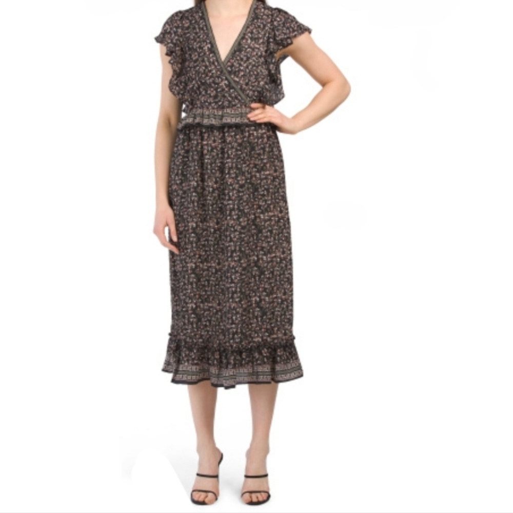 Max Studio Black and Pink Patterned Midi Dress